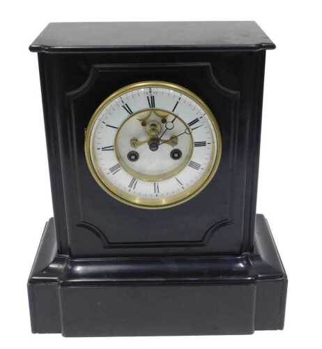 A 19thC black slate mantel clock, the 11cm diameter Roman numeric dial with a part visible eight...