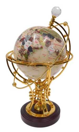 A QVC style terrestrial globe, with inverted metal axis on wooden foot, 45cm high.