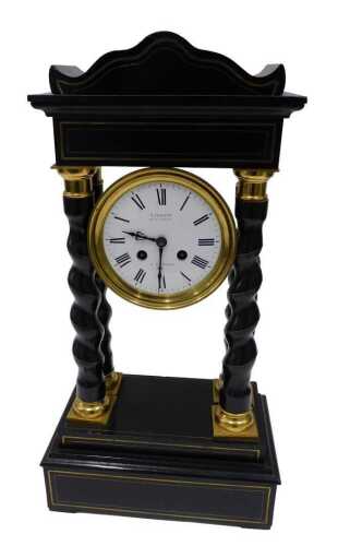 A 19thC ebonised and gilt metal portico clock, the 11cm diameter dial marked Laligant Suc de...
