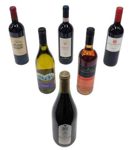 A bottle of Gerard Bertrand reserve Merlot 2019, a further bottle of Barolo, Dao 1999, English...