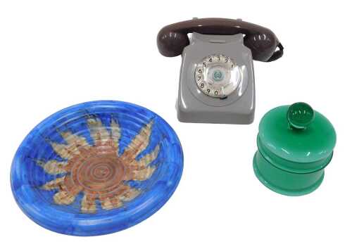 An EET 79/3 telephone, numbered 746T, in grey, with fawn attached receiver and front dial, a...