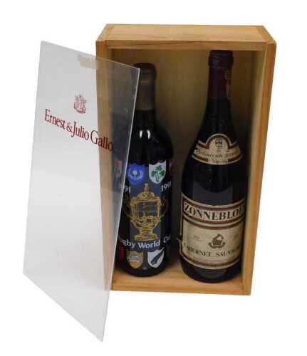 A bottle of Rugby World Cup 1991 wine, and a further bottle of Zonnebloem Cabernet Sauvignon...