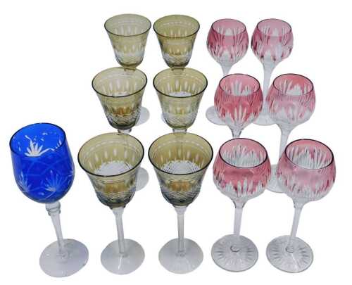 Various 20thC hock glasses, a set of six fawn and white hobnail cut wine glasses, with bell...