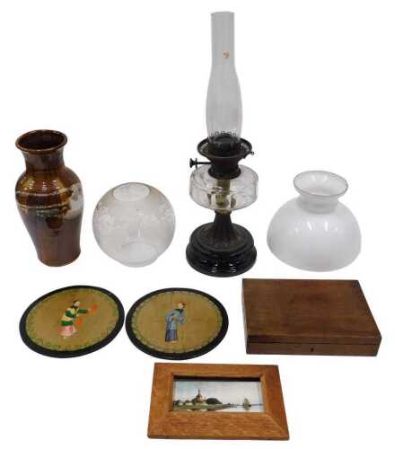 Various pottery and effects, an early 20thC oil lamp with frosted glass shade, further milk...
