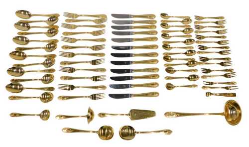 Various gilt coloured flatware, marked 23/24 karat, to include serving pieces, spoons, sugar...