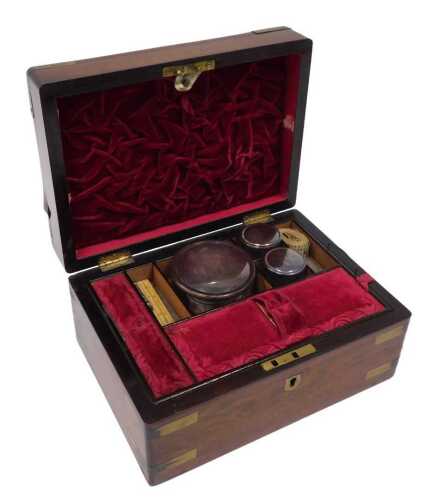 A 19thC rosewood travel sewing box, of rectangular form, the hinged lid with flush handle and...