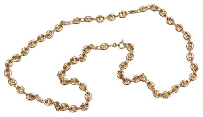 A 9ct gold mariner link necklace, with puffed anchor design and bolt ring clasp, 60cm long, 20g.