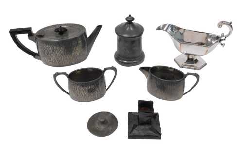 Various metalware, a hammered pewter three piece service, marked English Pewter, to include oval...