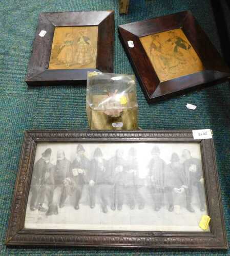 Framed pictures and prints, to include Nine Pints of The Law, etc., and a Dresden figurine of a...
