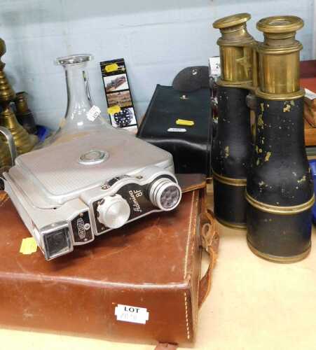 A pair of early 20thC brass bodied field glasses, together with a Russian monocular, cased, a...