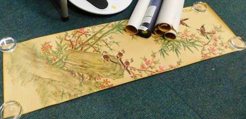 Various Japanese woodblock prints, floral patterns, etc., a UK map, 25cm x 21cm, in Travel World...