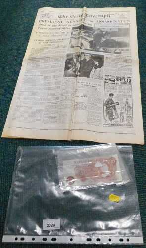 Daily Telegraph for Saturday November 23rd 1963, reporting the assassination of President...