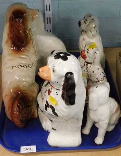 Ceramics, comprising a collection of Staffordshire flatback style dogs, two Beswick type sets....