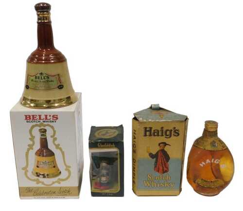 A bottle of Haig's Dimple Scotch whisky, Glenfiddich miniature bottle, and a bottle of Bell's...