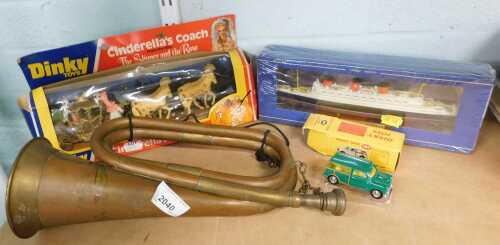 A brass and copper bugle, late Dinky Toys, Morris Minor Traveller, Dinky Toys part boxed...