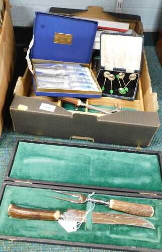 Various flatware, Kings pattern and others, toffee hammers, cased horn handled carving set, etc....
