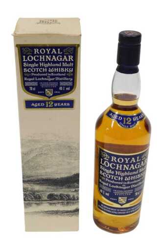 A bottle of Royal Lochnagar Scotch whisky, single malt Scotch whisky, in outer card packaging.