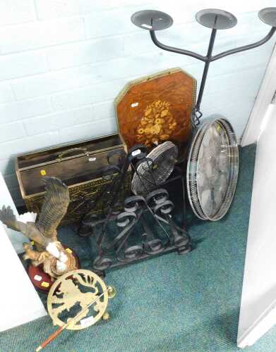 Various brassware, metalware, wrought iron stand, silver plated galleried edge tray, newspaper...