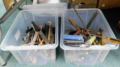 Hand tools, including screwdrivers, drill bits, hammers, saws, chisels, etc. (2 boxes)
