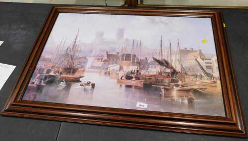 After Carmichael. A print of Lincoln's Brayford Pool with the cathedral in the background.