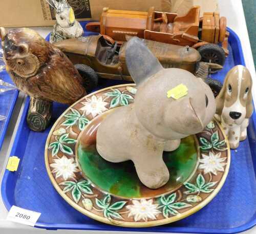 Ceramics and housewares, to include brass model of a 1920s racing car, a Majolica plate, wooden...