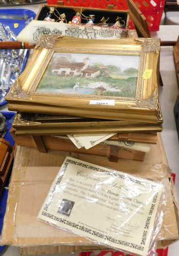 Oil paintings, miniature oil figures before cottage, and another similar, various Christmas...