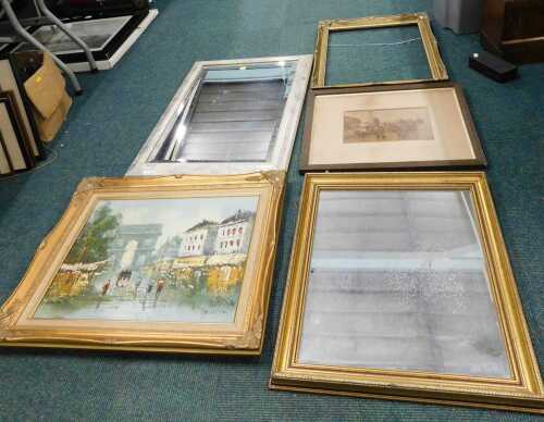 Various decorative mirrors, to include a stencilled example, other pictures, prints, frames, etc....
