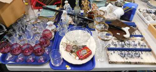 Various household china, glassware and effects, ruby and clear glass brandy balloon set,...