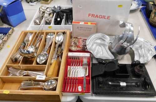 Various cutlery, flatware, Old English pattern silver plated flatware, etc., metal elephant wall...