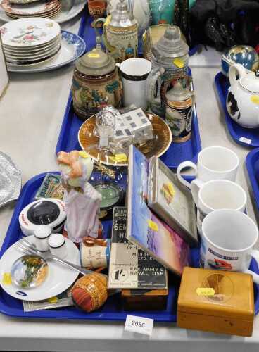 Various pottery and effects, beer steins, Mauchlineware box, decorative mugs, Charles Dickens...