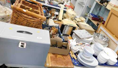 Various wicker, metalware, flatware, part cruet set, deeds box, cased fish eaters set, part...