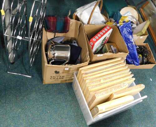 Houseware, glassware, metalware, to include stainless steel teapot, collectable tins, clothes,...