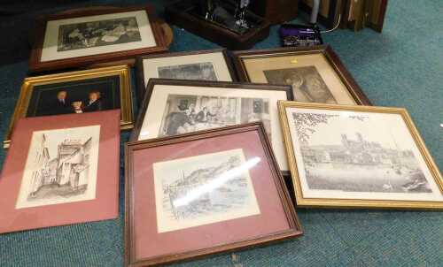 Framed pictures and prints, and a large oval mirror, together with a wooden Singer sewing machine.