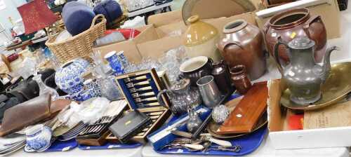 Ceramics, glassware, flatware, to include blue and white, knives, forks, champagne glasses,...