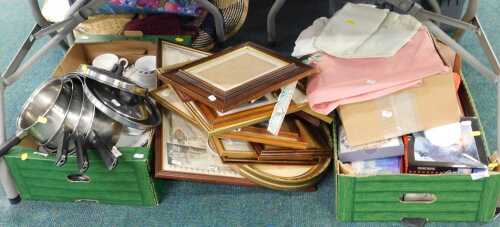 Housewares, to include stainless steel saucepans, cups, saucers, together with Christmas cards,...