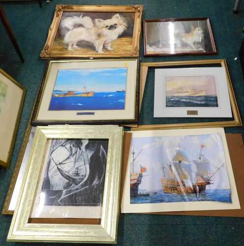 Framed pictures and prints, and a rectangular mirror.