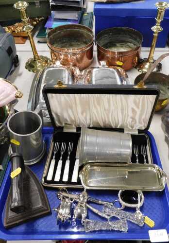 Housewares, to include plated wares, candlesticks, plated salts, copper pans planters. (1 tray...