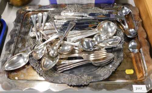 Plated ware, to include trays, spoons, and knives.