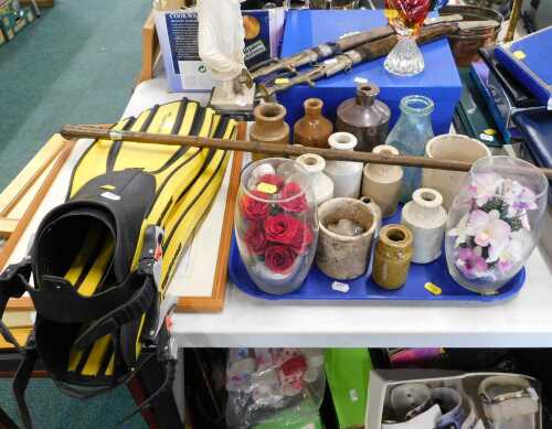 Ceramics, houseware, to include Earthenware bottles, glass flower displays, a pair of...