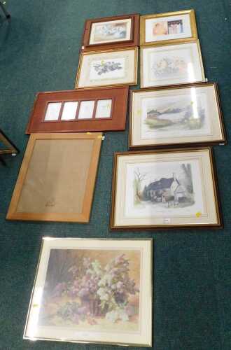 Framed pictures and prints, to include landscapes, fruit, flowers, etc., together with empty...
