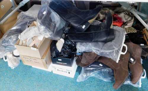 Shoes, to include ladies sandals, slippers, cowboy boots, etc. (contents under one table)