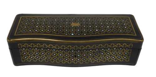 A 19thC Napoleon III travel or glove box, of serpentine form, with an intricate Boulle and...