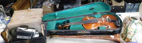 A boxed Sankyo Super Micro cinecamera, together with copper and brass post horn, a decoupage...