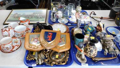 Housewares, glassware and ceramics, including heraldic shields, a print of a panoramic view of...
