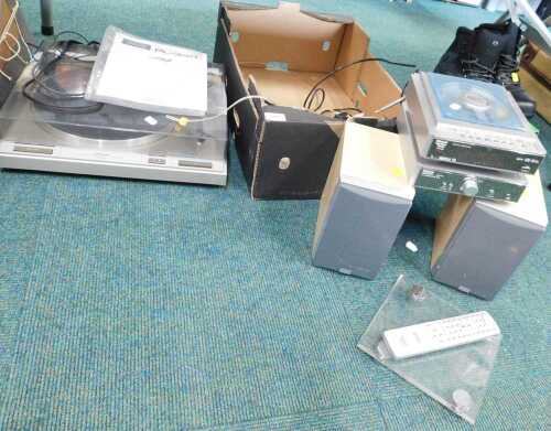 A Pioneer PL-340 record player turntable, together with a Hitachi compact disc player, speakers,...