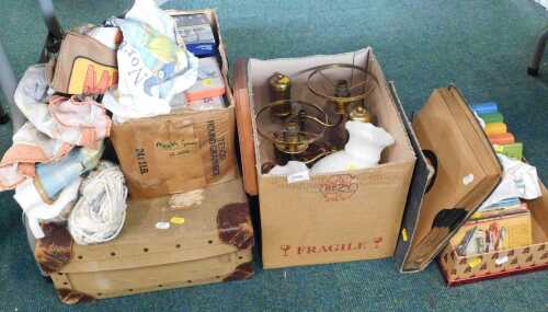 Housewares, to include two ceiling lamps, with glass shades, balls of wool, top trump game,...