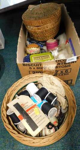 Sewing equipment, to include threads, needles, pin cushions, sewing boxes, etc. (1 box)