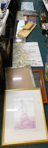 Pictures and prints, to include canvas prints of cityscapes, flowers, a rectangular mirror. (a...