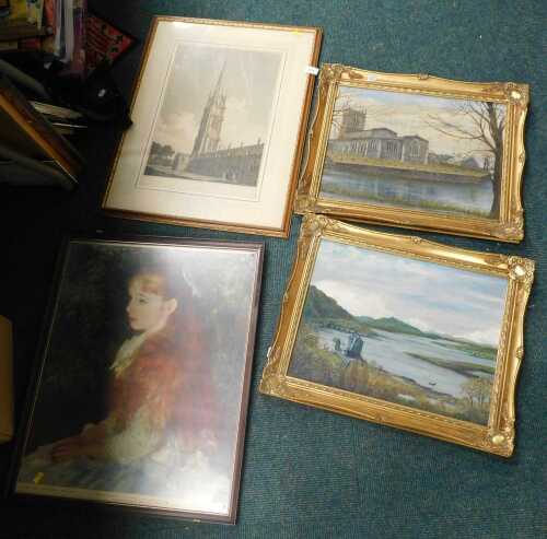 Framed pictures and prints, to include oil on board Scottish loch, church by a river, and Louth...