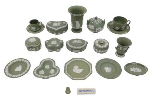 Various Wedgwood green Jasperware, to include a clover shaped dish, vase, 14cm high, various...